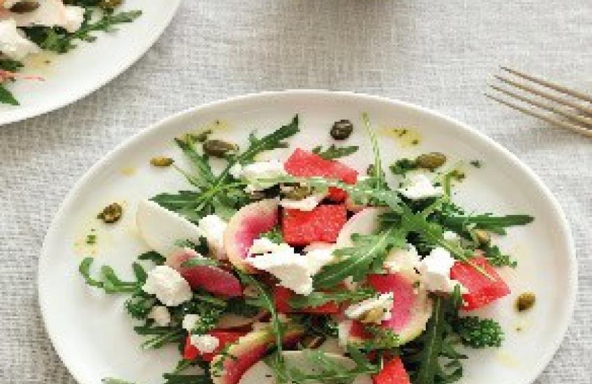 sla easy geschaafde meiknol watermeloen geitenkaas pompoenpitten Ida de Haart