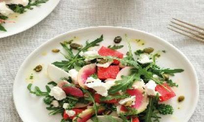 sla easy geschaafde meiknol watermeloen geitenkaas pompoenpitten Ida de Haart